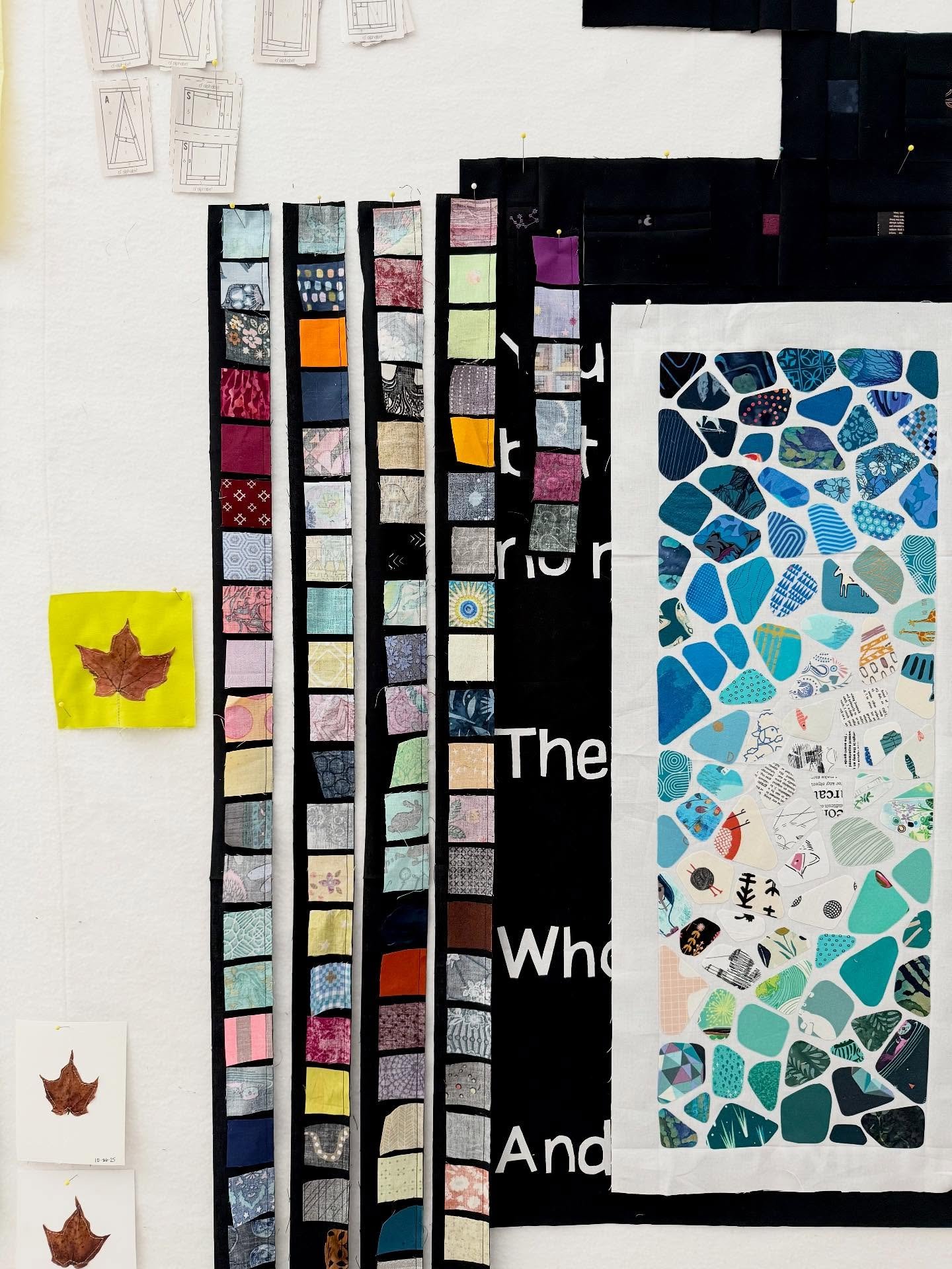 Snapshot of the design wall, current projects in the works. Today I&rsquo;m getting more hand sewing done on another webbing quilt for my series ✨

#behindthescenes #quilting #quilters #quiltersgonnaquilt #quiltersofinstagram #modernquilting #modernq