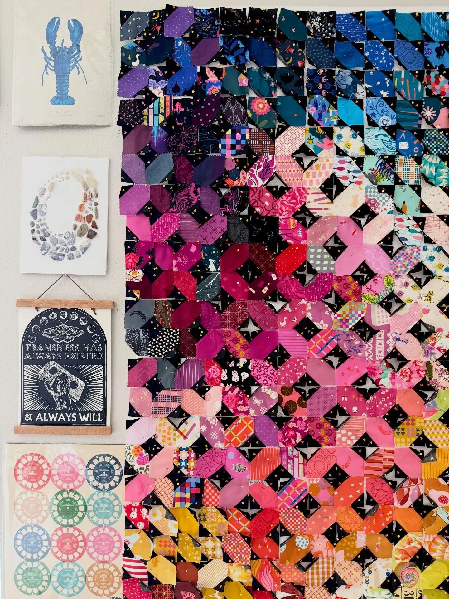 1600 2.5&rdquo; squares 

I used every pin I own and fell short. The rest are held in place on the wall with a whispered plea from yours truly. 

This is part of a Scrappy Color Flow workshop I&rsquo;m currently writing. 

Deciding which fabrics to u