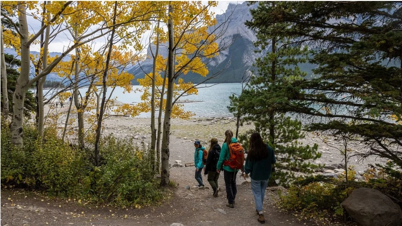 Hikers on a morning hiking tour at Johnston Canyon. 
