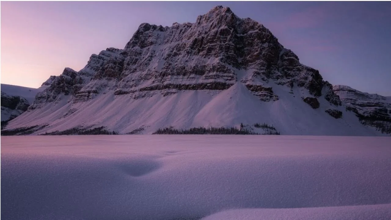 View of Bow Lake in winter. 