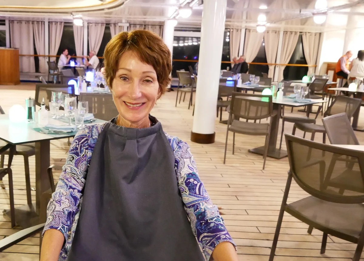 Rickee Richardson about to dine at Hot Rocks | Silversea Silver Spirit | CruiseReport.jpg