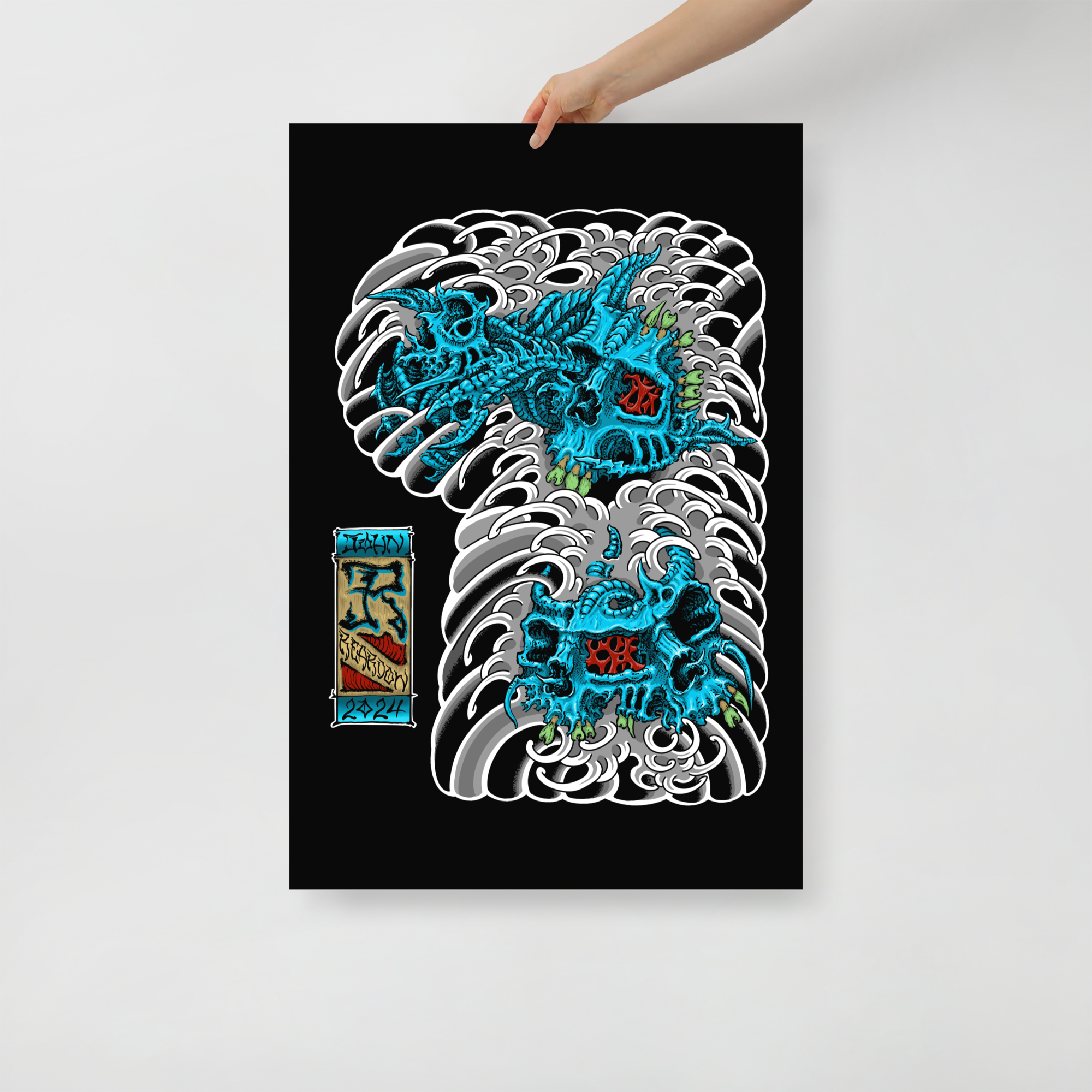 24x36 John Reardon horror skull print on a black background help by model