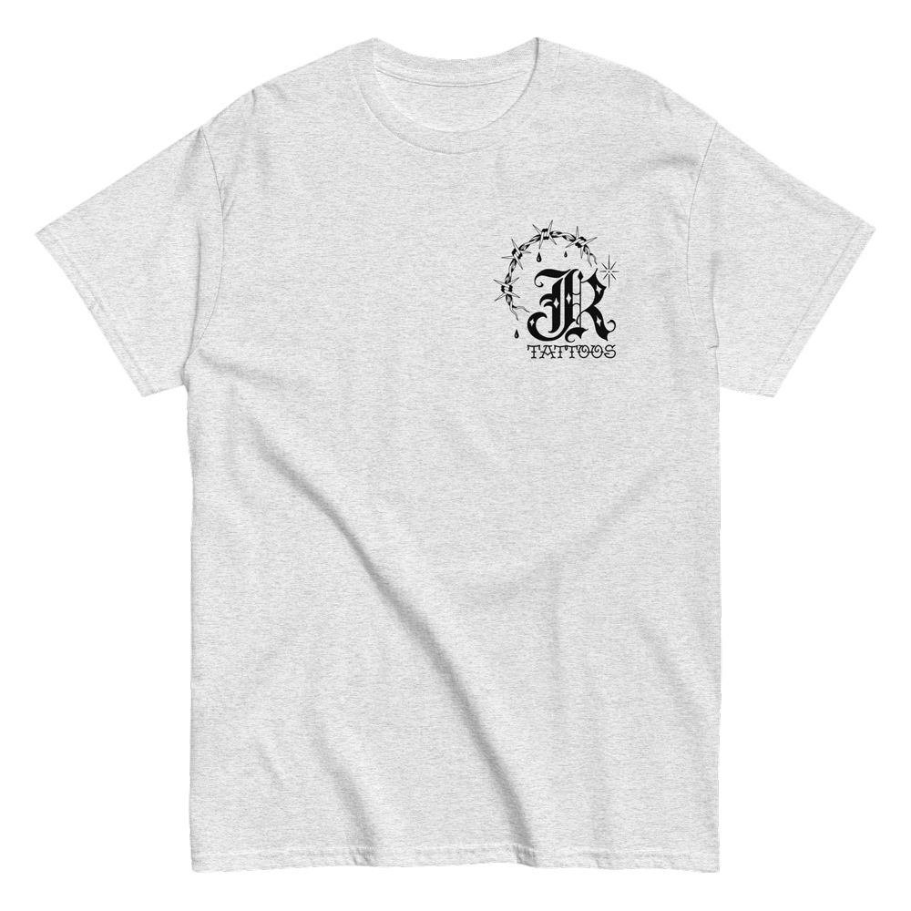 Heather grey shirt with john reardon logo in black print
