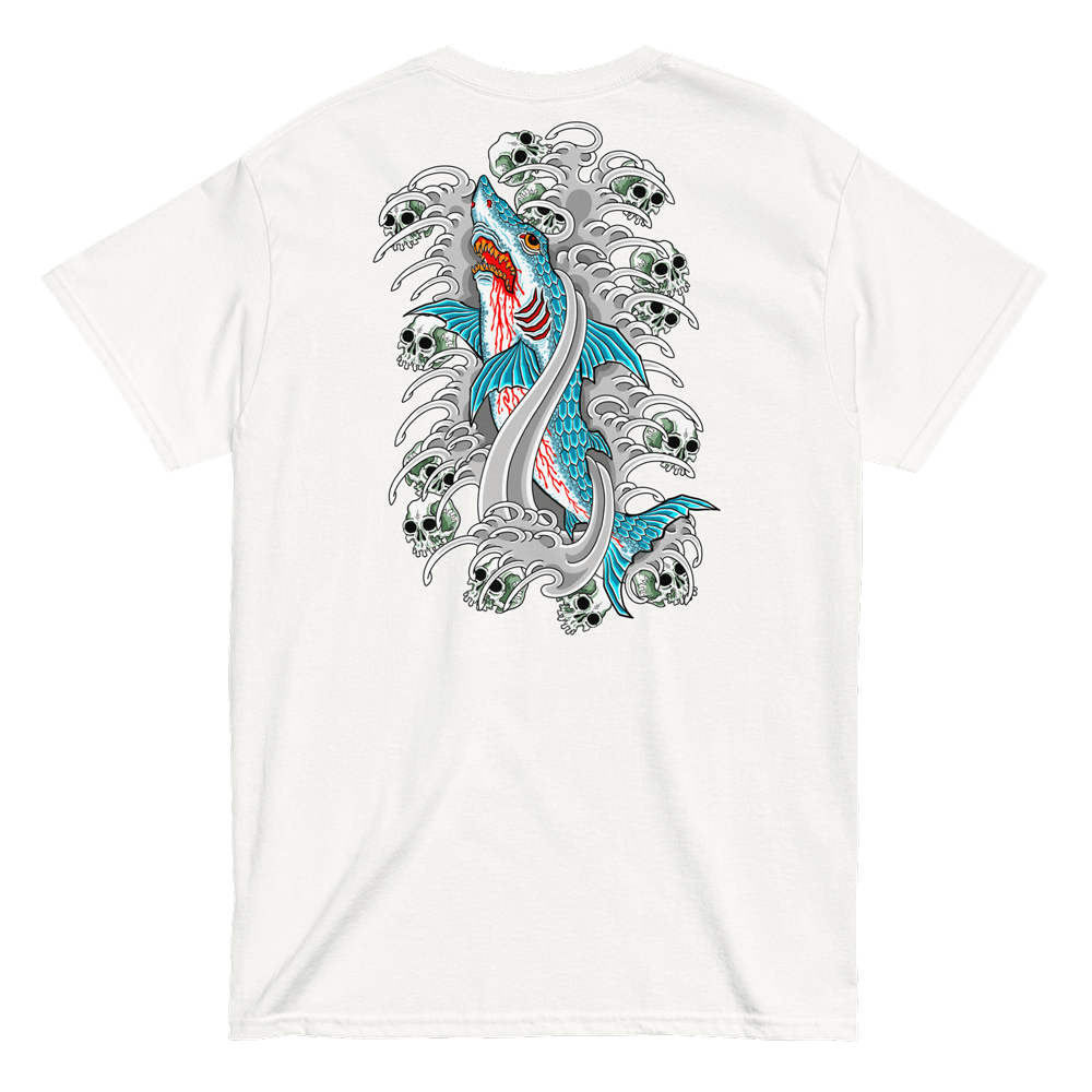 White t-shirt with print of shark with blood swimming in skulls back