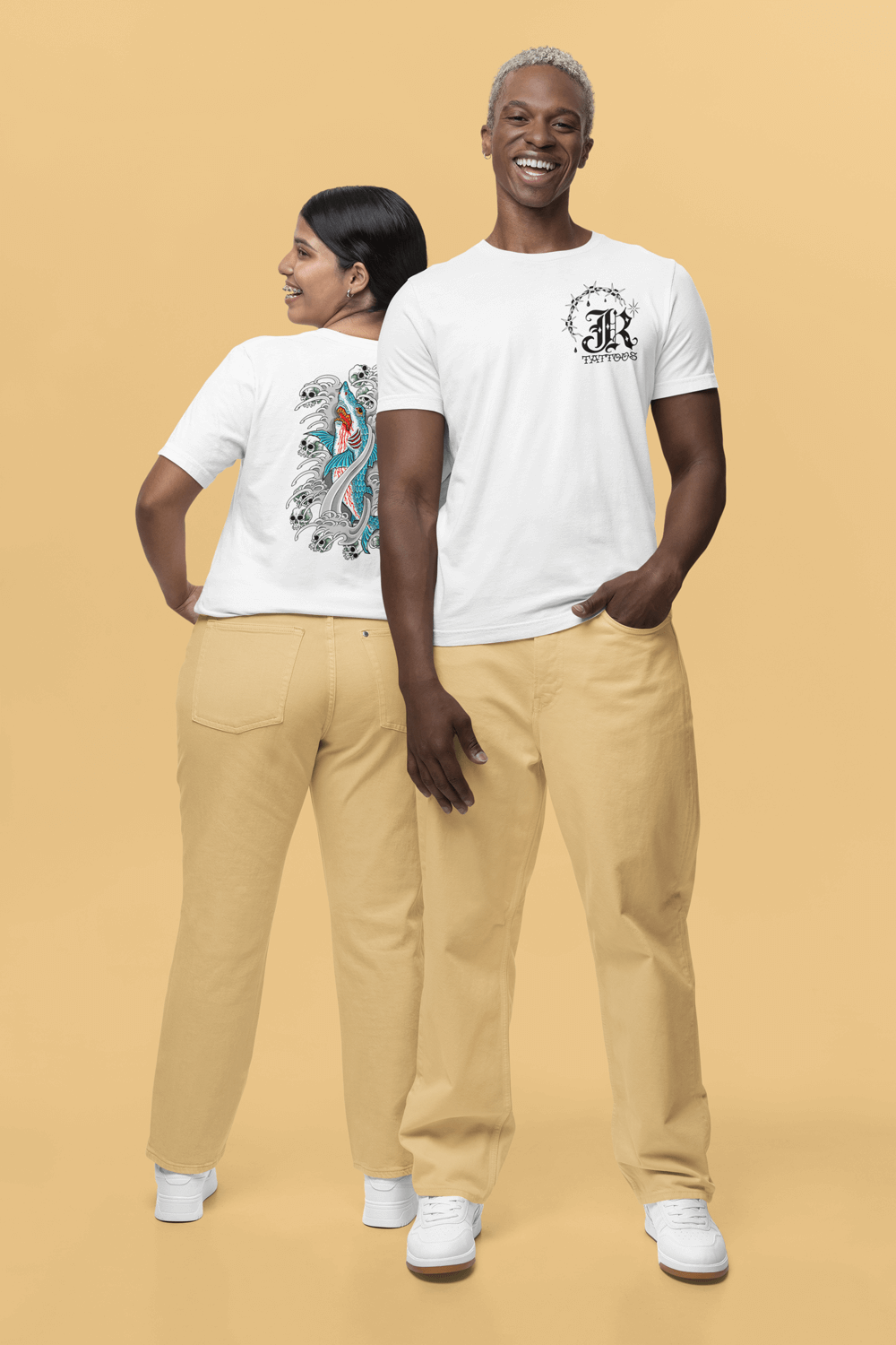 Models wearing yellow pants and white t-shirts showing both the front and the back print.