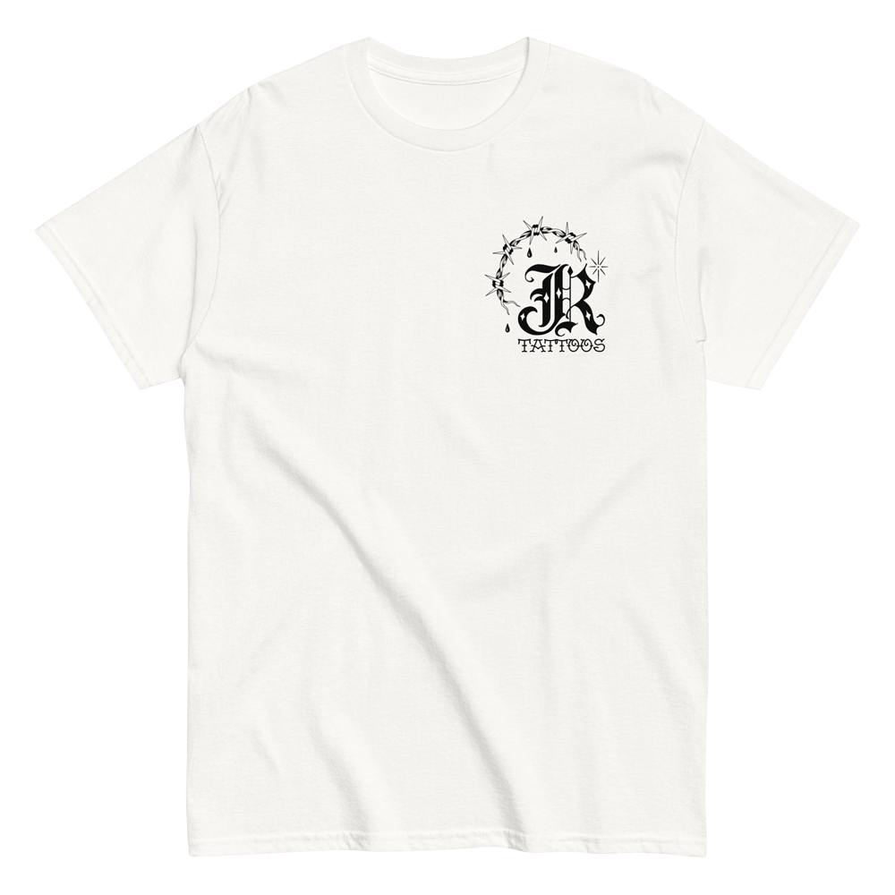 White t-shirt with john reardon logo in black