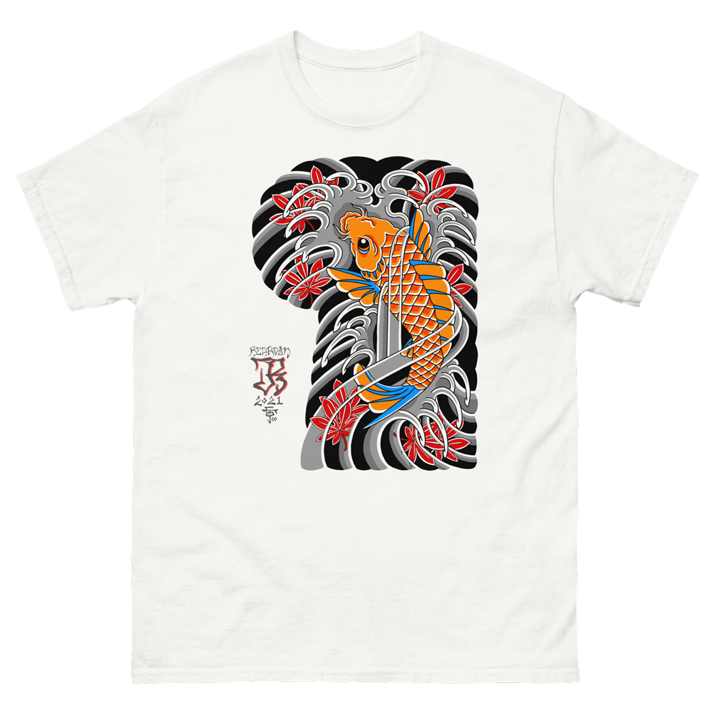 Orange koi fish swimming upstream print on white tshirt