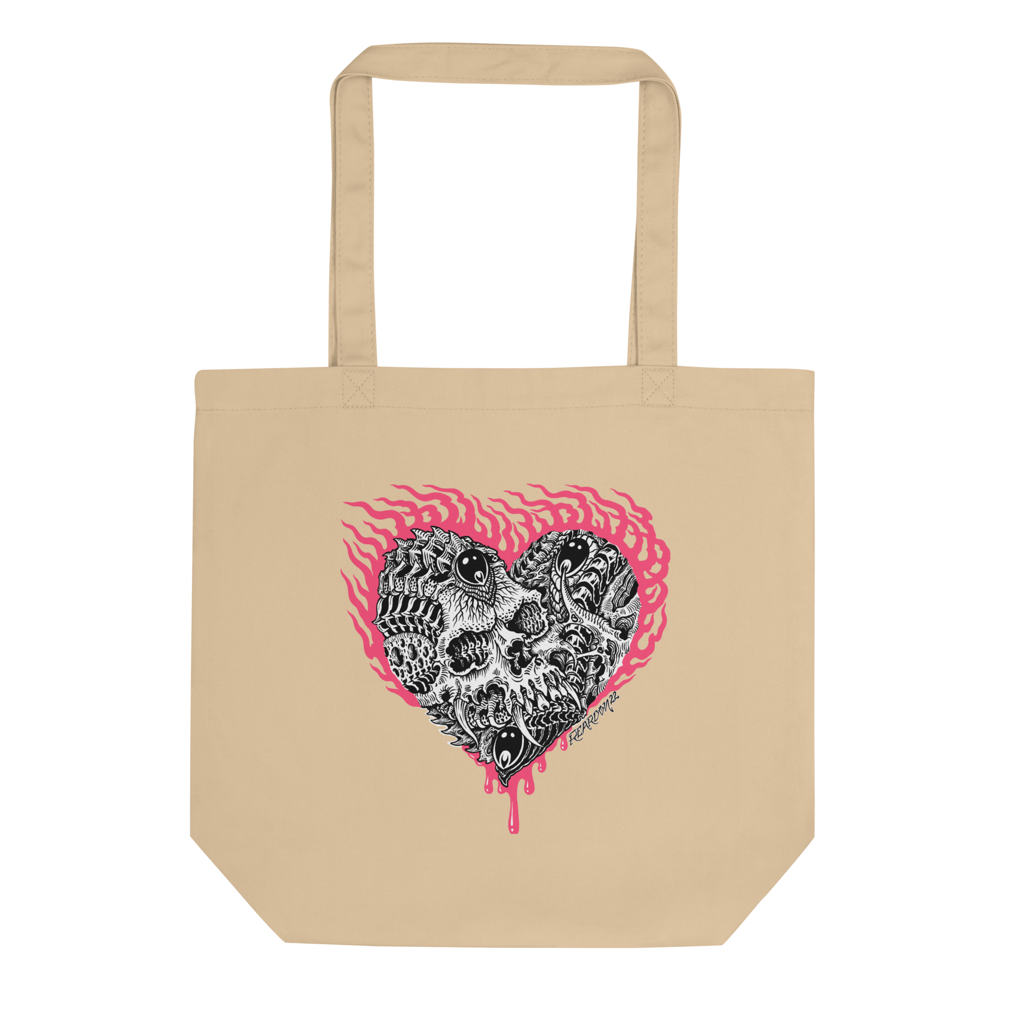 Full shot of tote with tattoo design of a graphic biomrch skull inside a hot pink flame heart on a transparent background.
