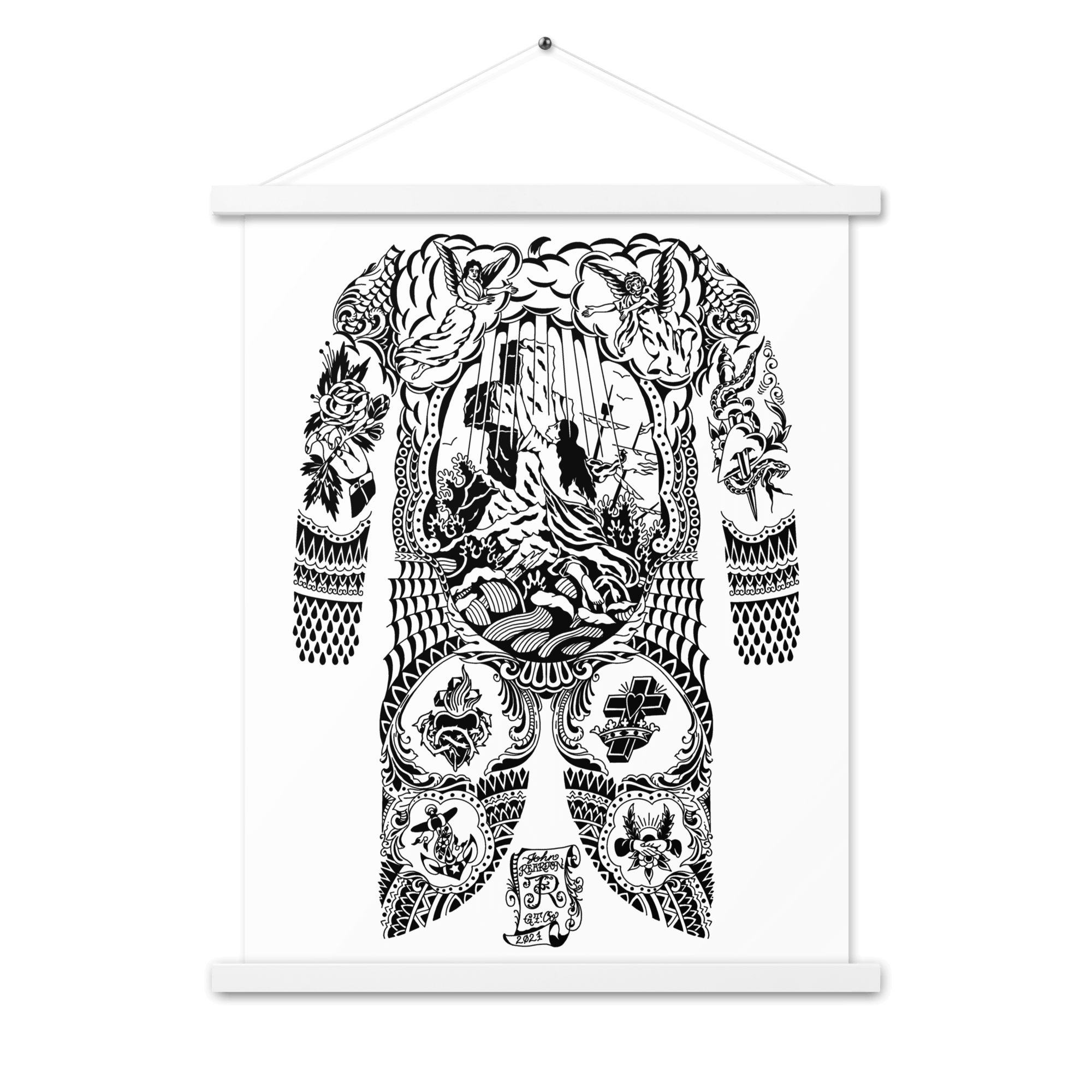 White wooden hanging frame of a Rock of Ages design.