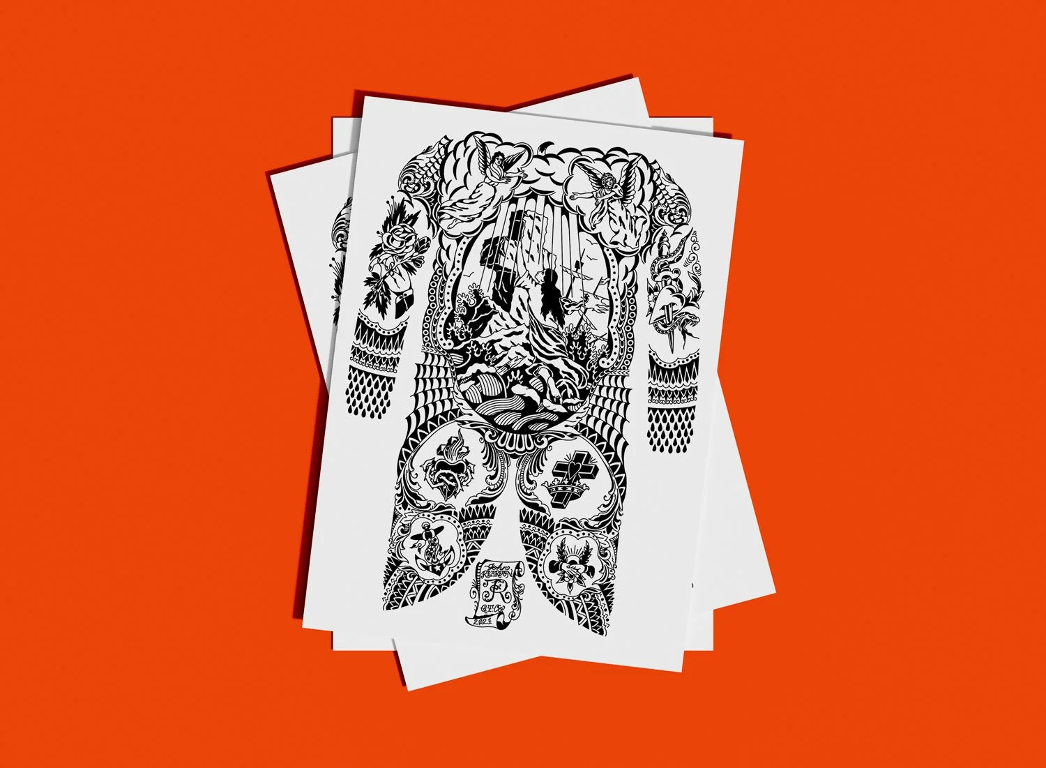 Stack of paiting prints on bright orange background.