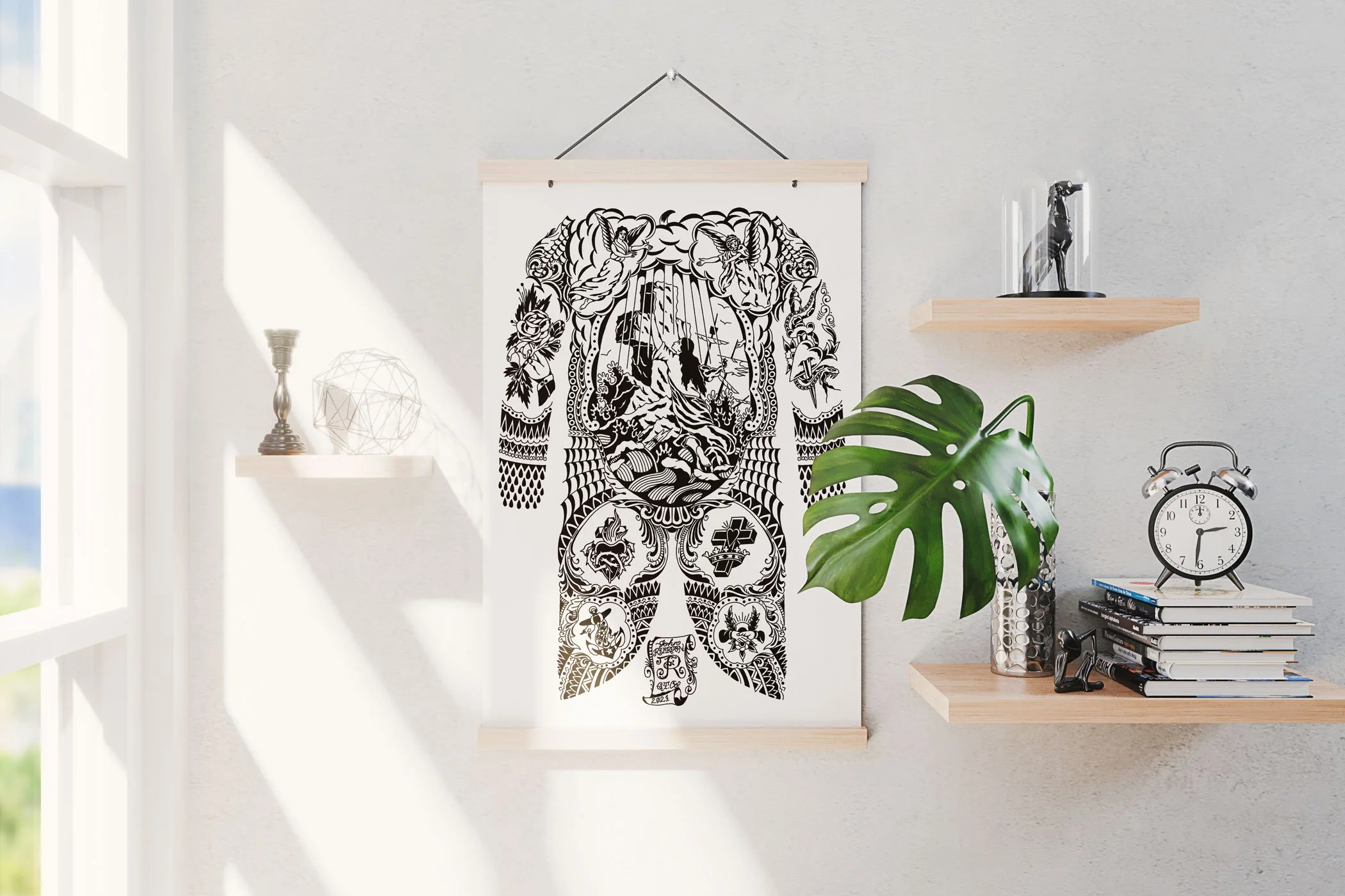 Rock of Ages hanging print on a white wall between shleves and plants in natural light.