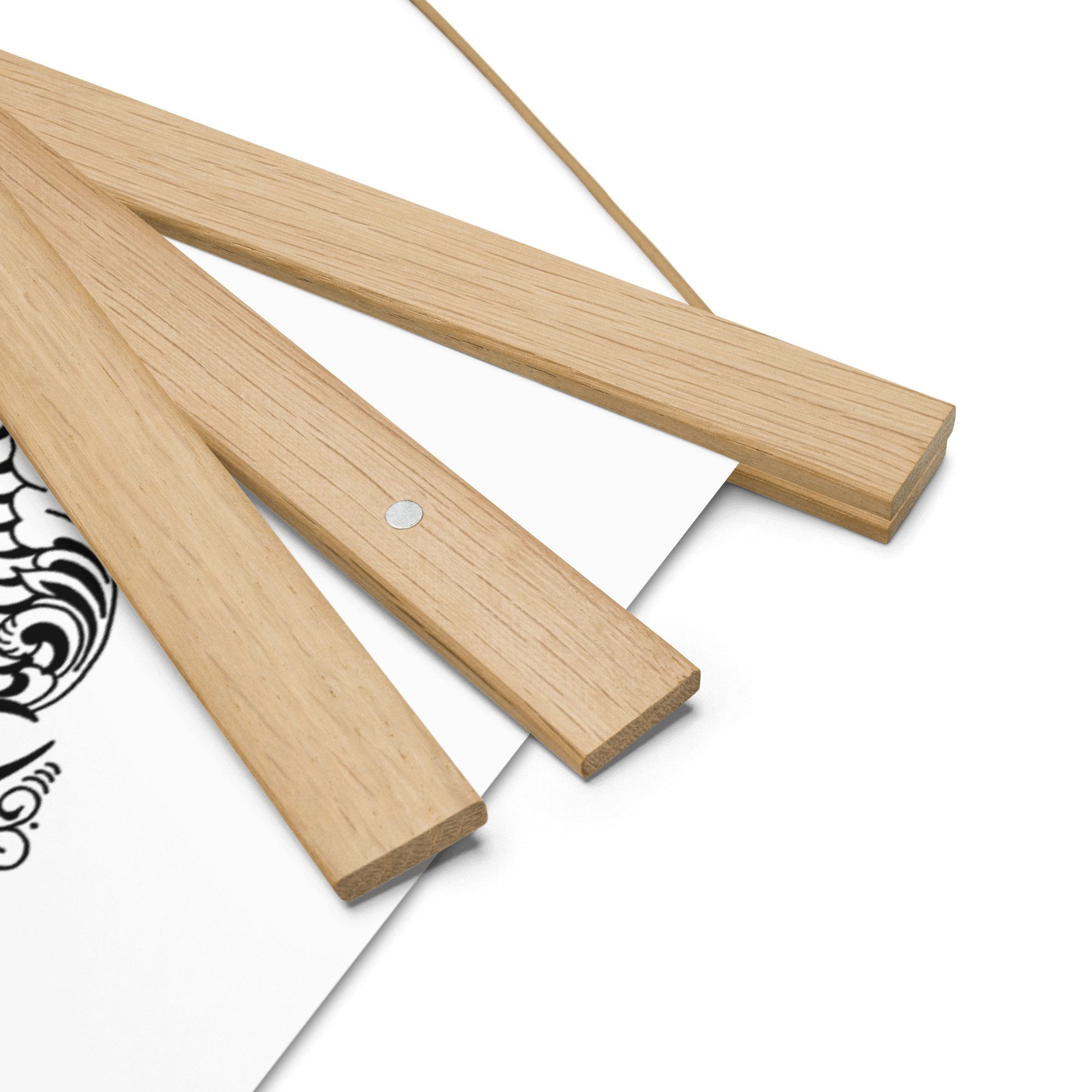 Close up of oak-colored magnetic frame strips.