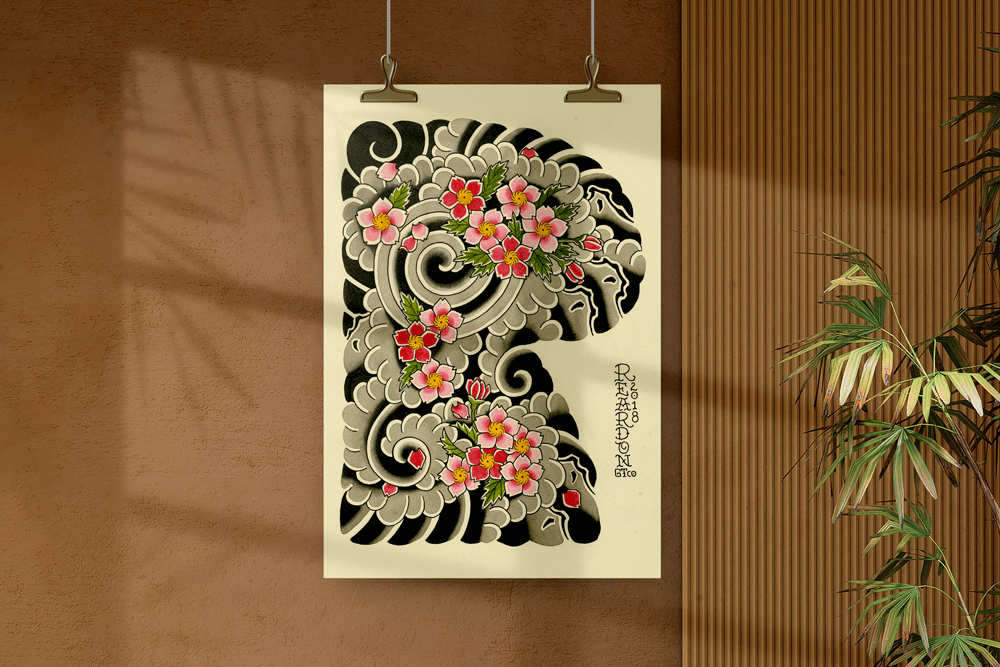 Print of a Japanese tattoo sleeve design of cherry blossoms on a wooden wall and next to plant and accessories