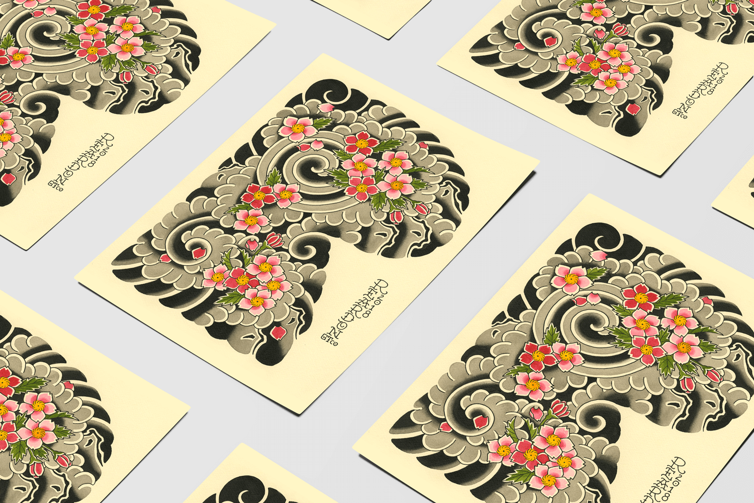 Multiple Cheery Blossom print design prints laid flat on a white surface.