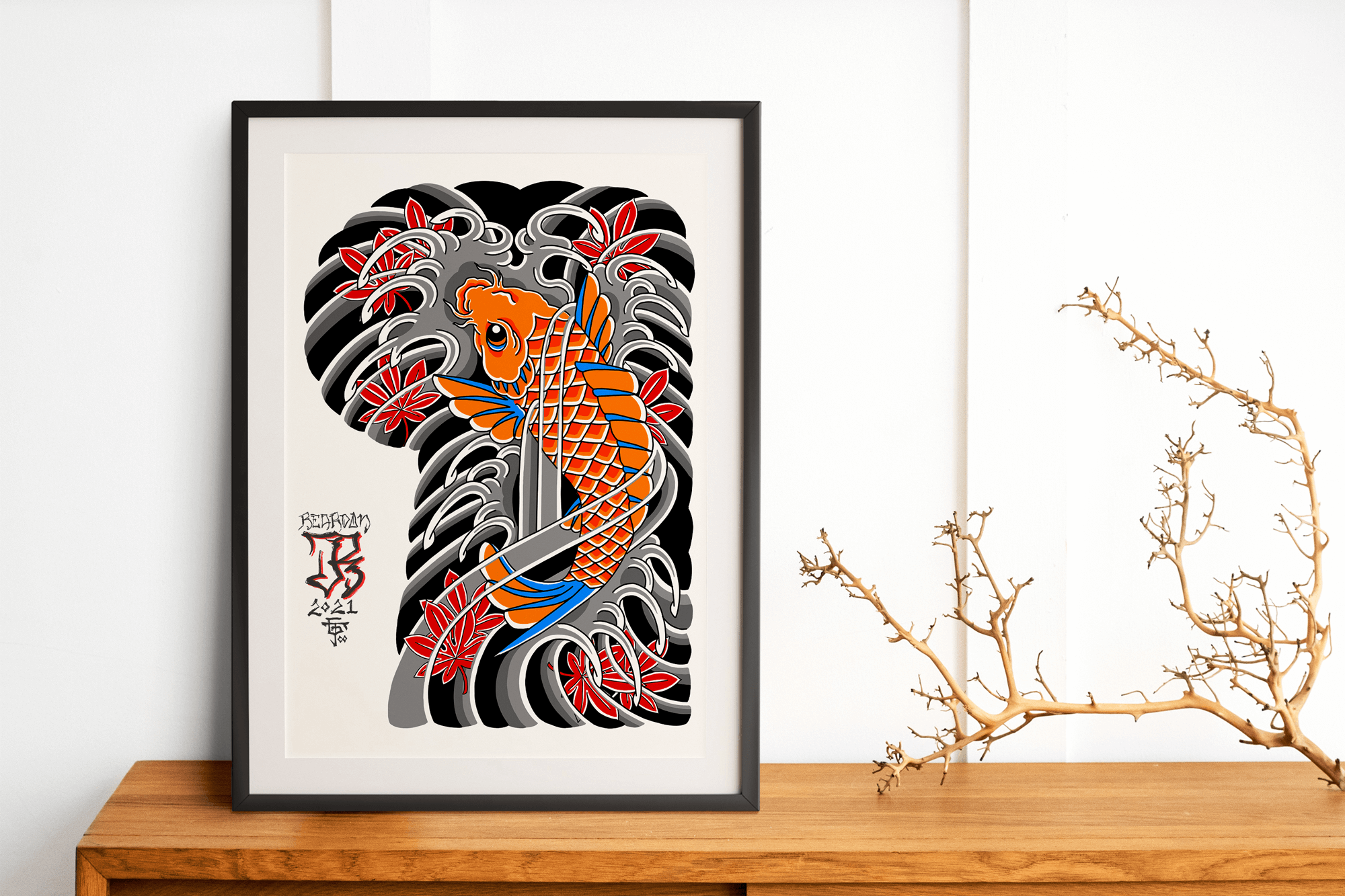 Tattoo design of a Japanese Koi fish for a half tattoo sleeve framed on a wooden desk with a branch.