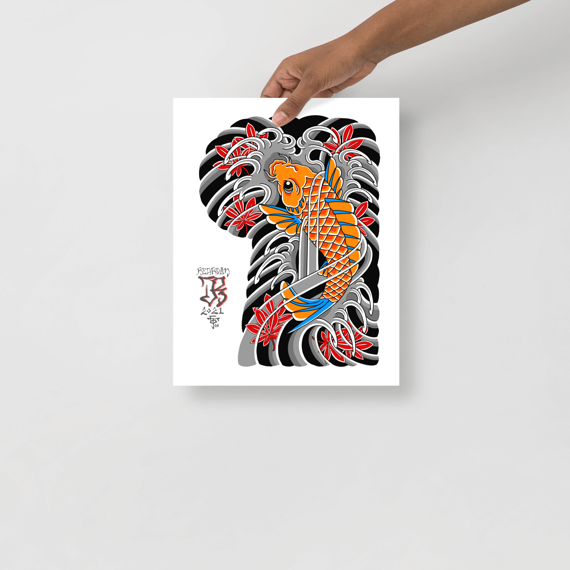 11x14 Print of a John Reardon tattoo design painting in color being held by model