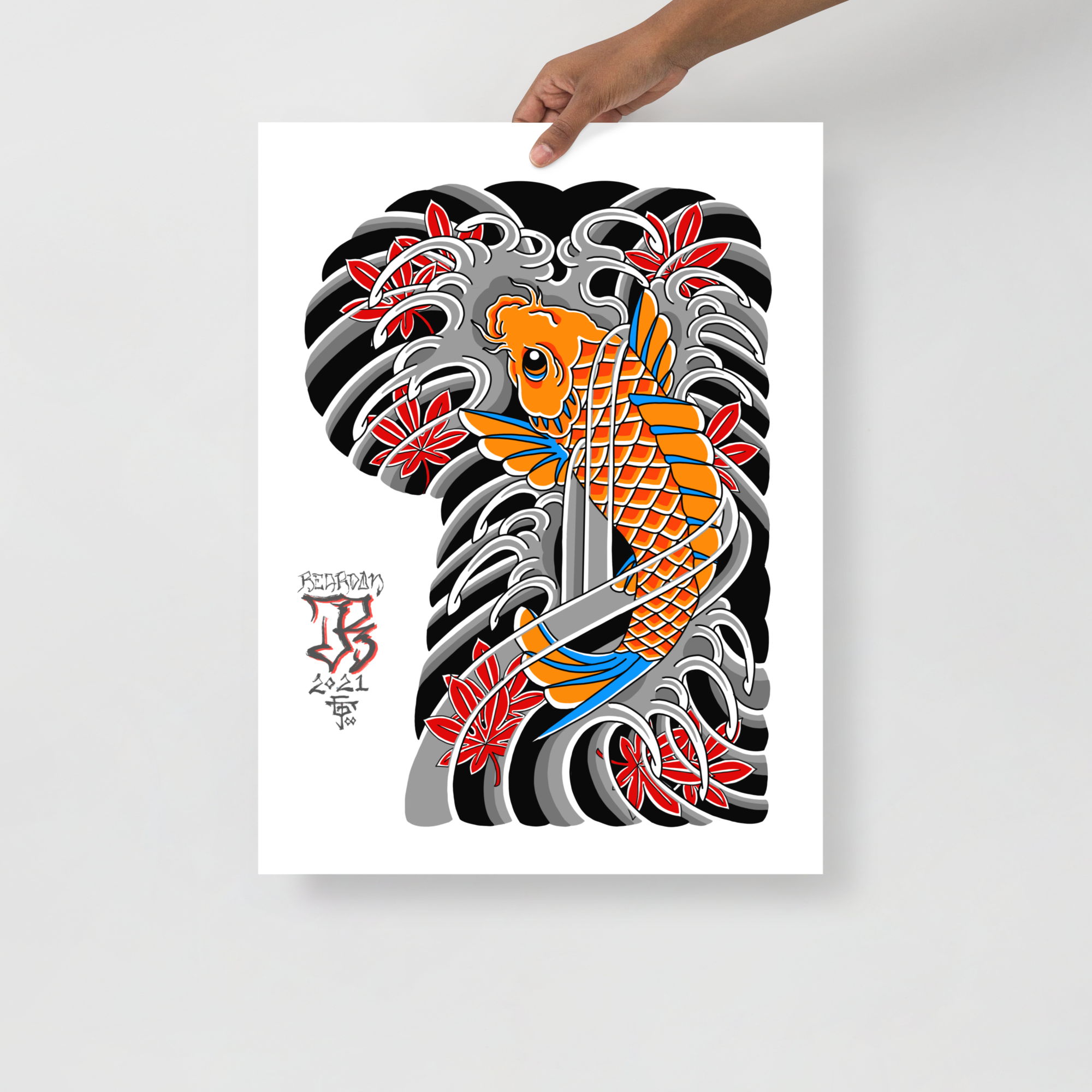 18x24 print of a John Reardon Koi fish being held in front of a white wall.