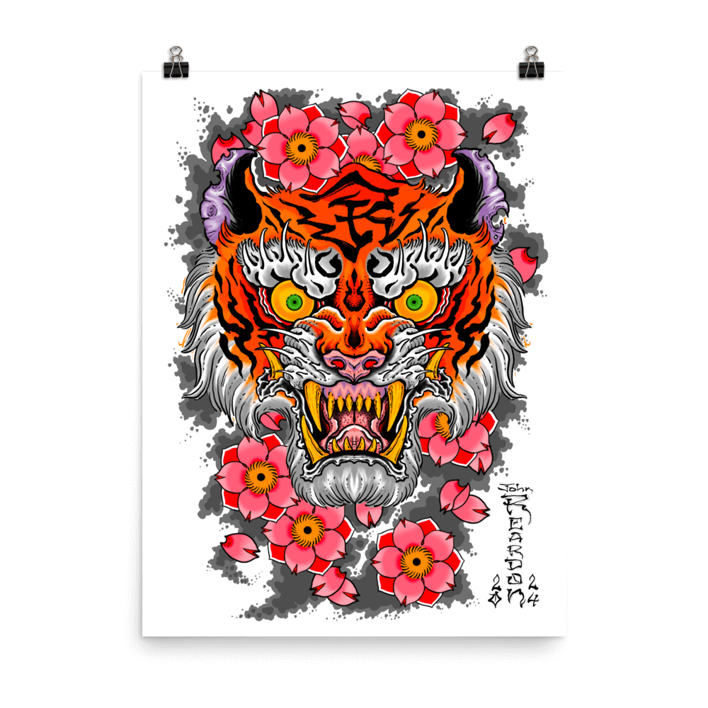 Red, orange, green, purple, and grey tiger flower art print hanging on wall with clips