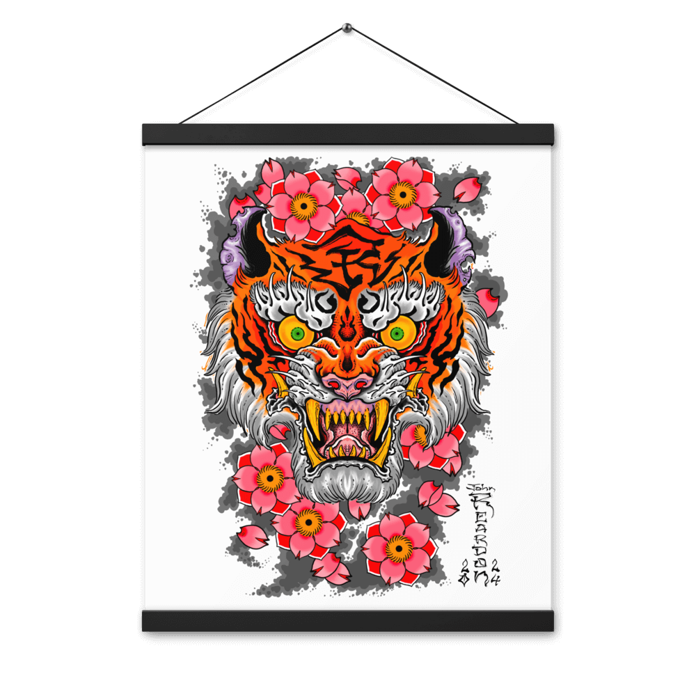 Color art print of tiger and flowers hanging on a clear background