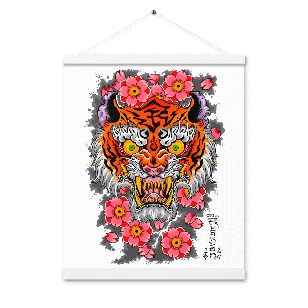 Japanese style print of a tiger portrait with flowers tattoo desig hanging on white wood frame on white wall.