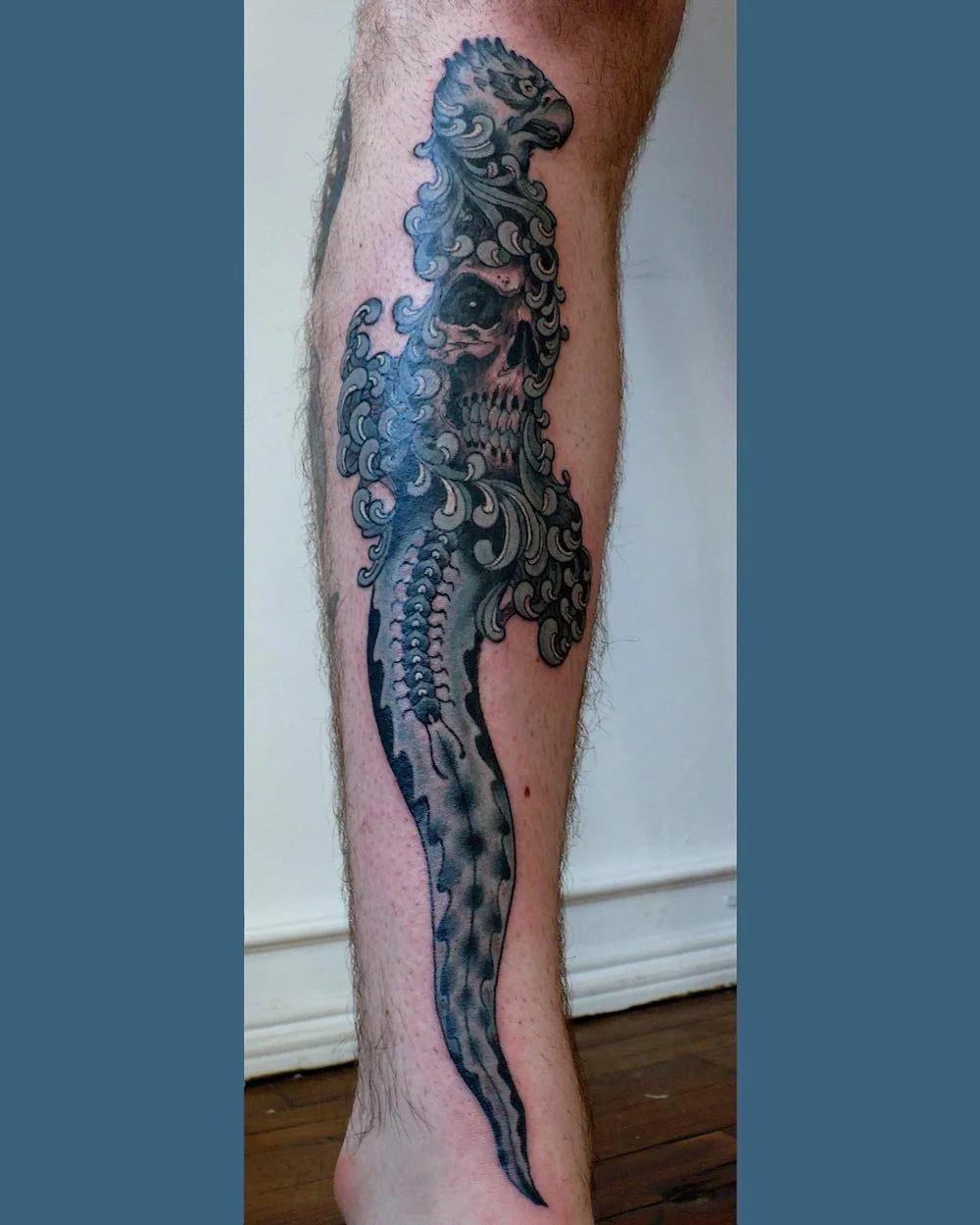 John Reardon dagger tattoo on the shin-done in 2008 at Saved Tattoo on Hope St.