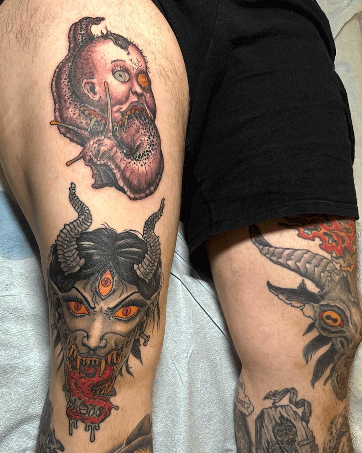 Multiple tattoos healed and fresh by tattoo artist John Reardon in NYC.