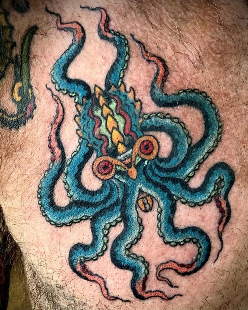 Color octopus tattoo on the chest done in Greenpoint, NYC.