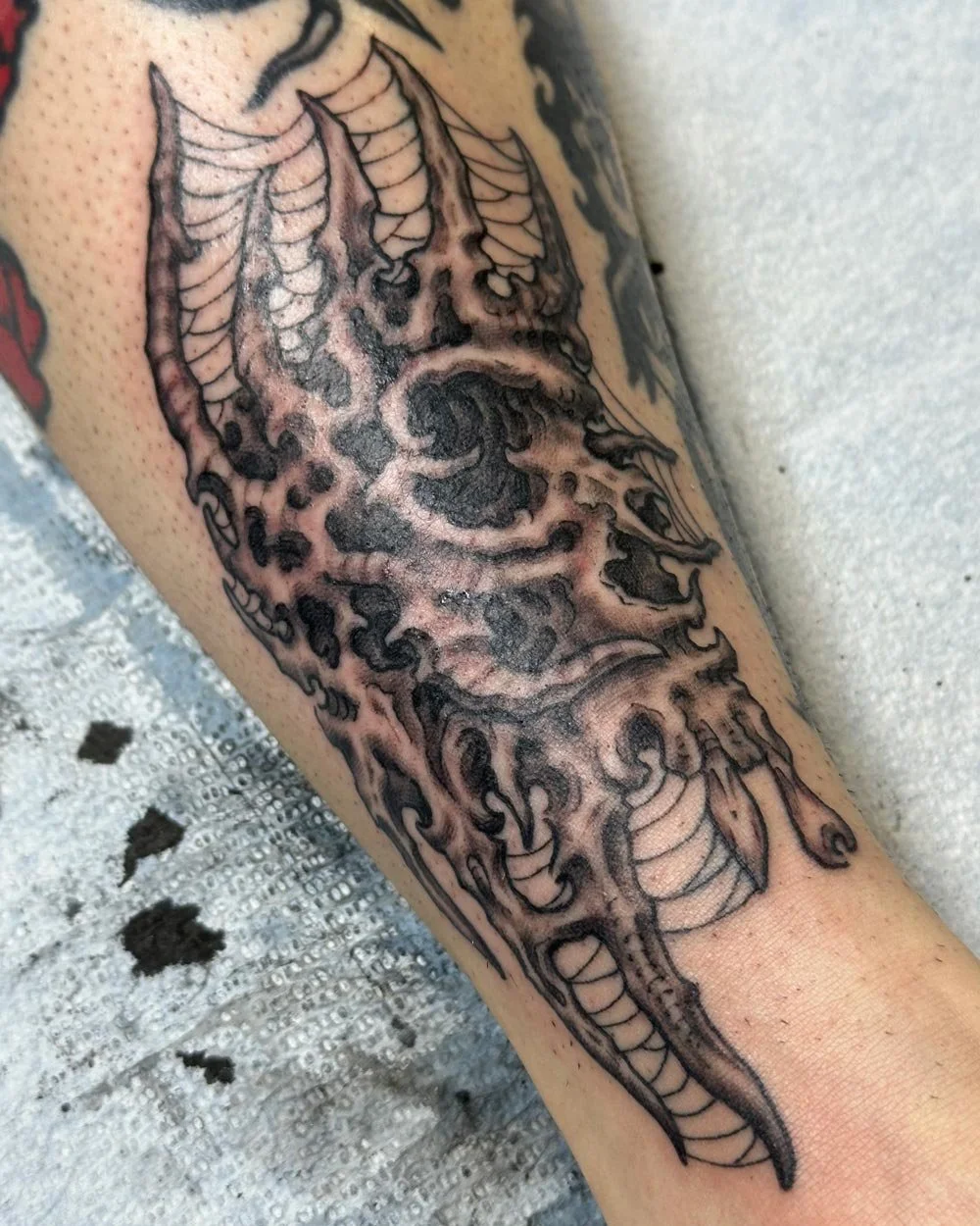 Black and grey bio mech tattoo of a skull-with-web-on an arm done at a tattoo shop in NYC.