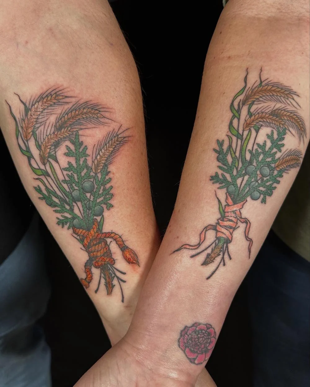 Matching illustrative tattoo of wheat on forearms done Upstate NY.