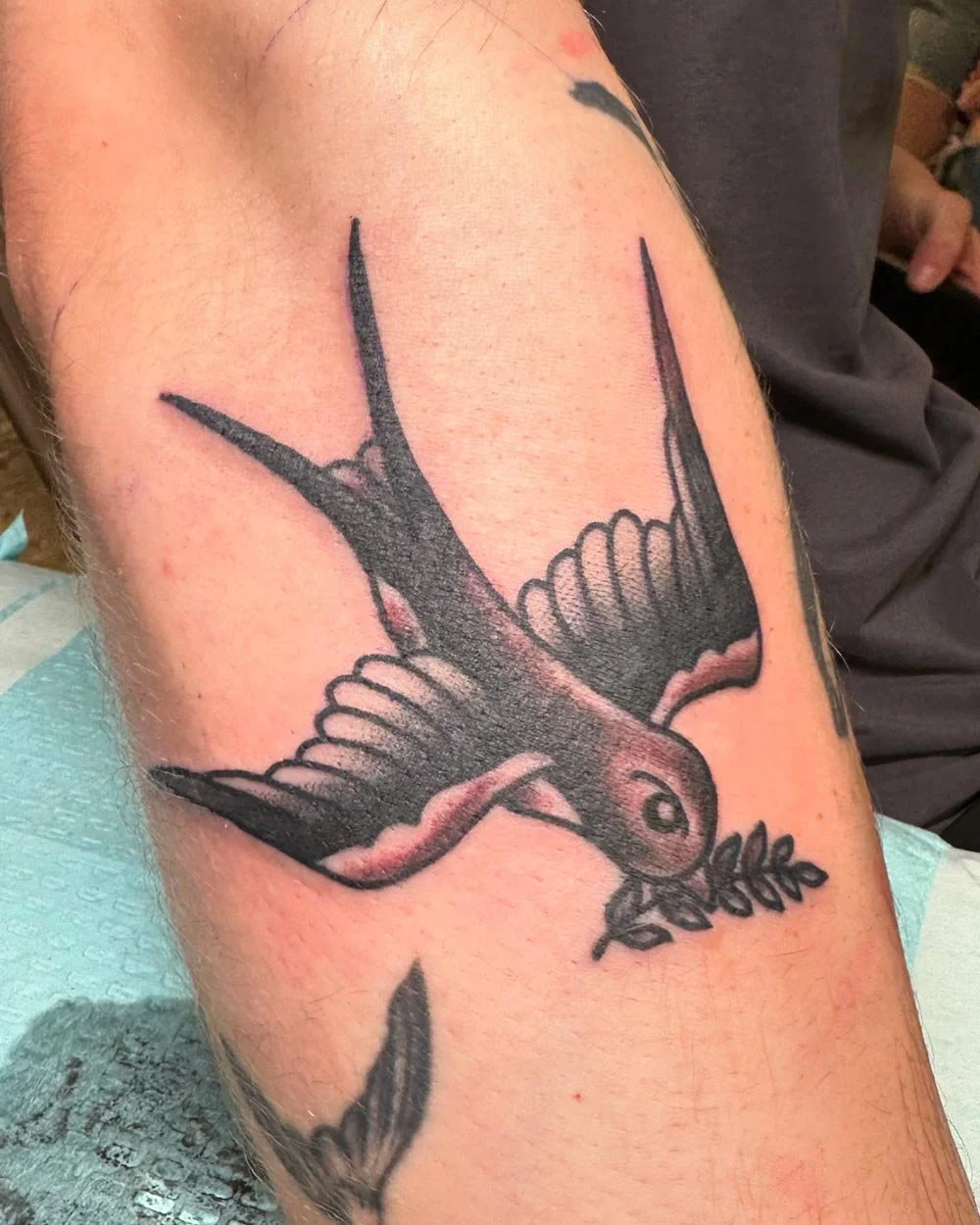 Black and grey sparrow tattoo on a forearm.