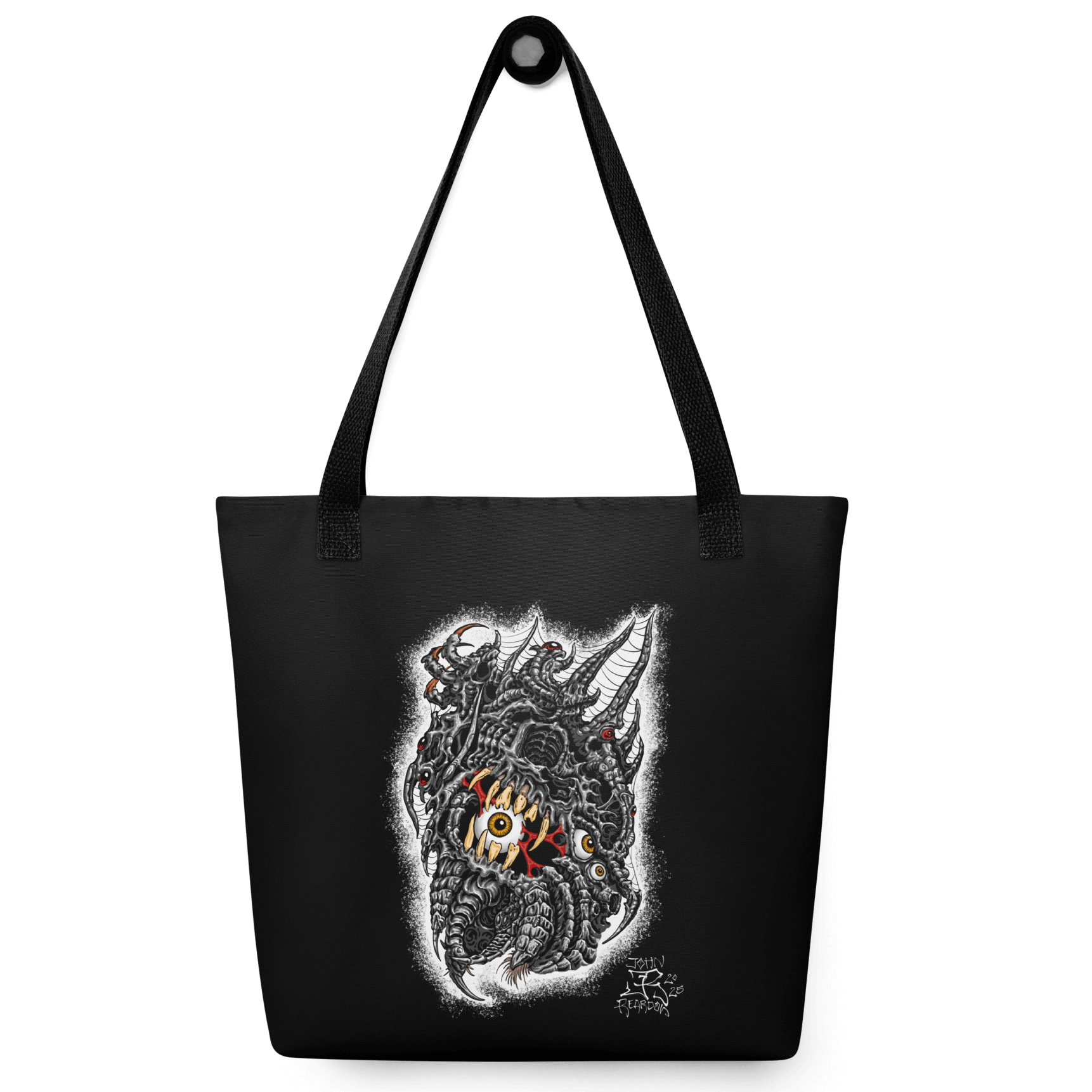 John Reardon original art of biomech skull and eyeballs on a black tote