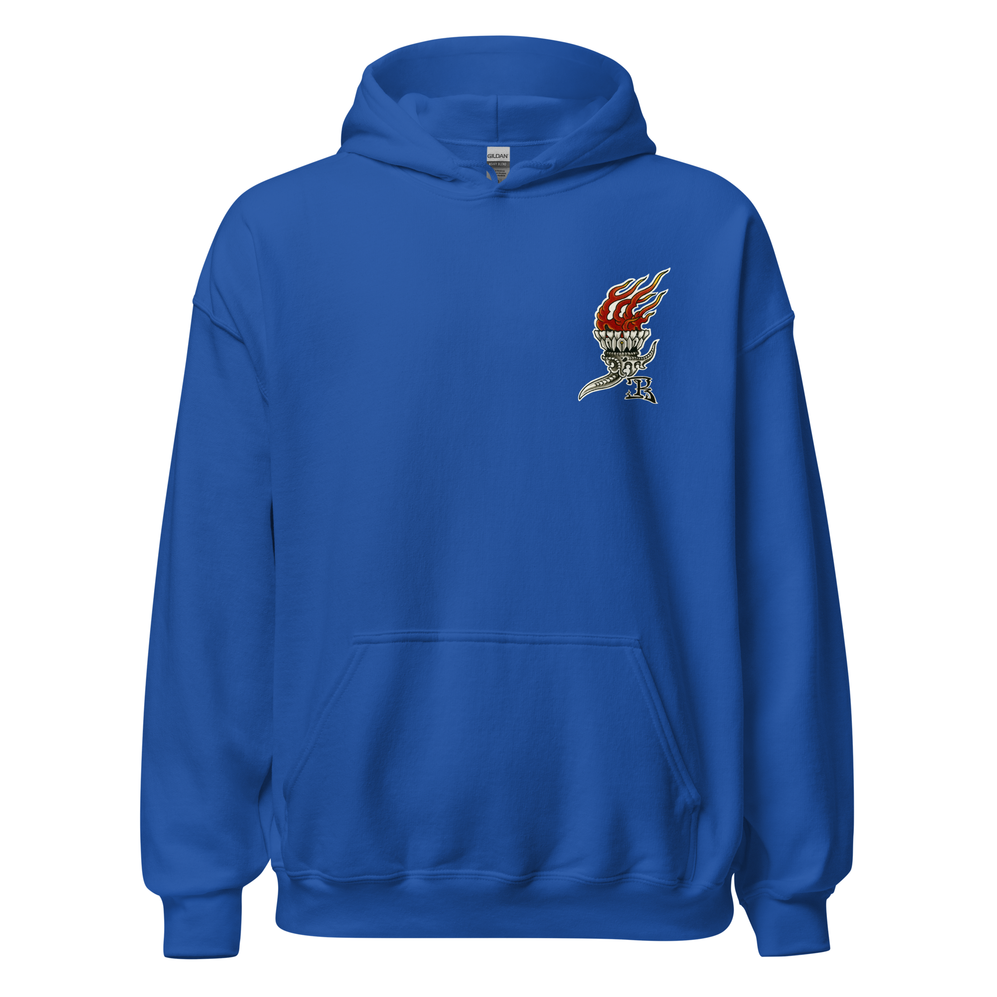 Front of bright blue hoodie from John Reardoon