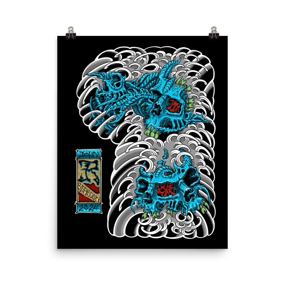 16x20 Black poster with blue Biomech skulls on japanese-style waves