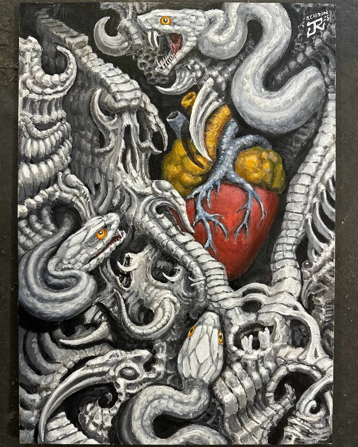 Original painting by John Reardon and board in black and grey with yellow and red accents.