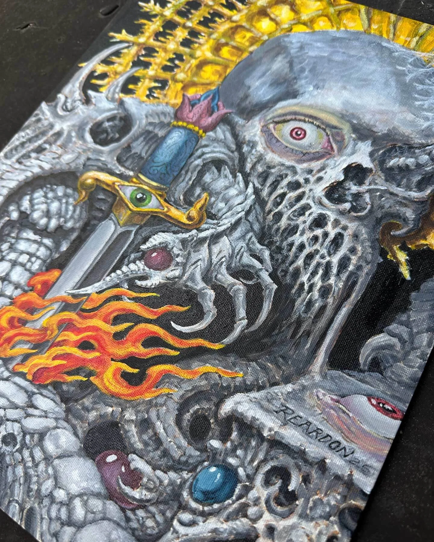 Unique tattoo design biomech skull and snakes with flames painting.