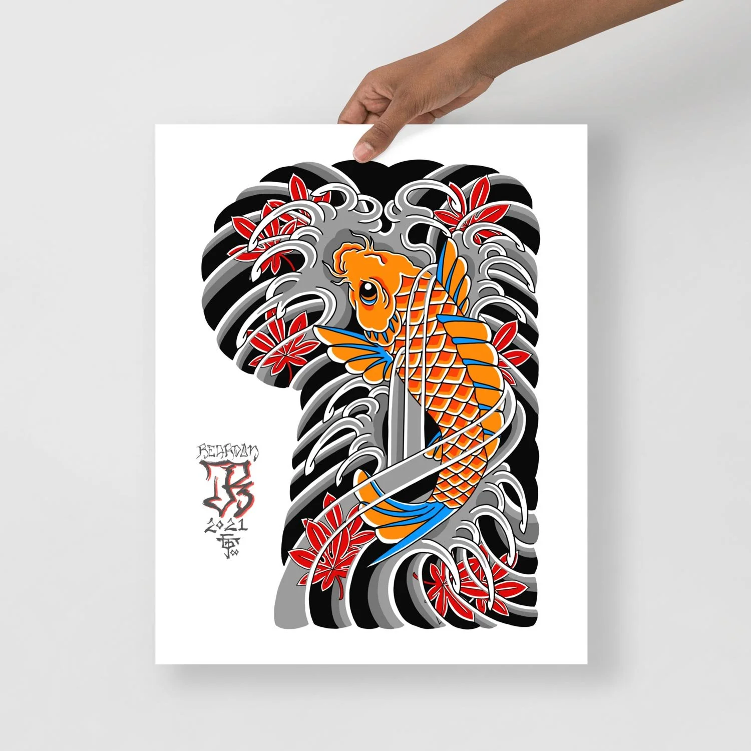 16x20 print of a John Reardon Koi fish being held in front of a white wall.