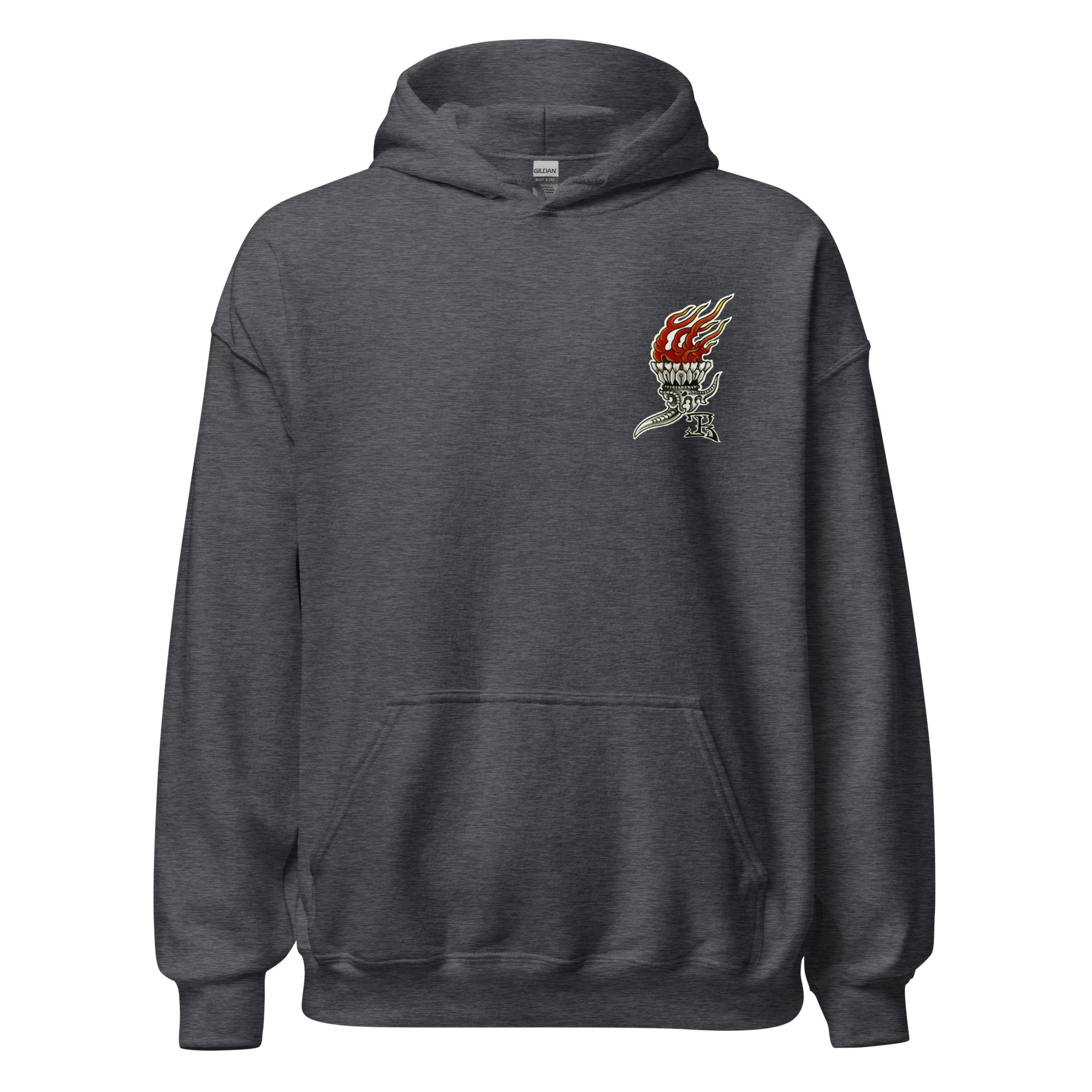 Front of GPTC hoodie designed by John Reardon with horror color traditional tattoo art