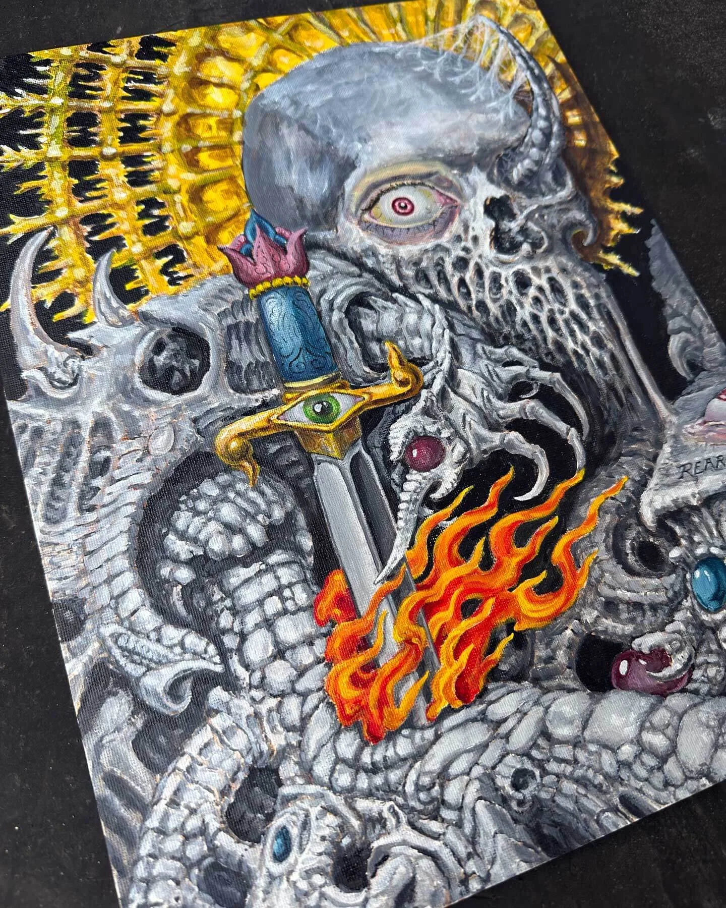 Skull and biomech painting in color by John Reardon painted in Brooklyn, New York  City.