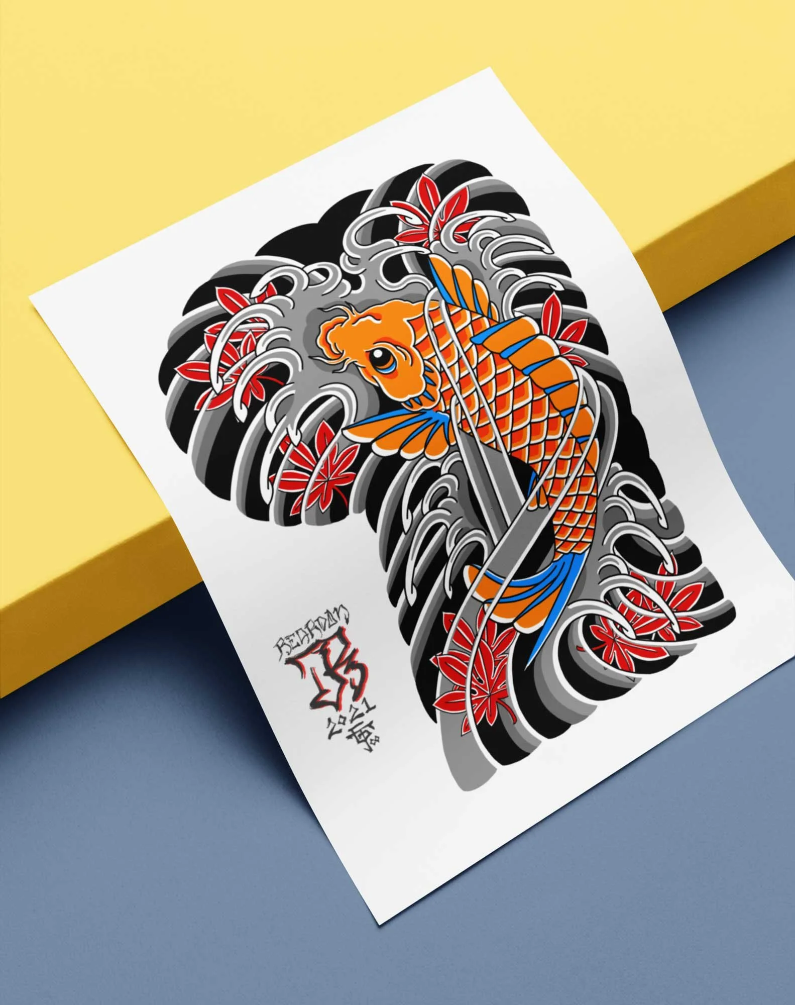 John Reardon Koi print laying flat on a blue and yellow background.