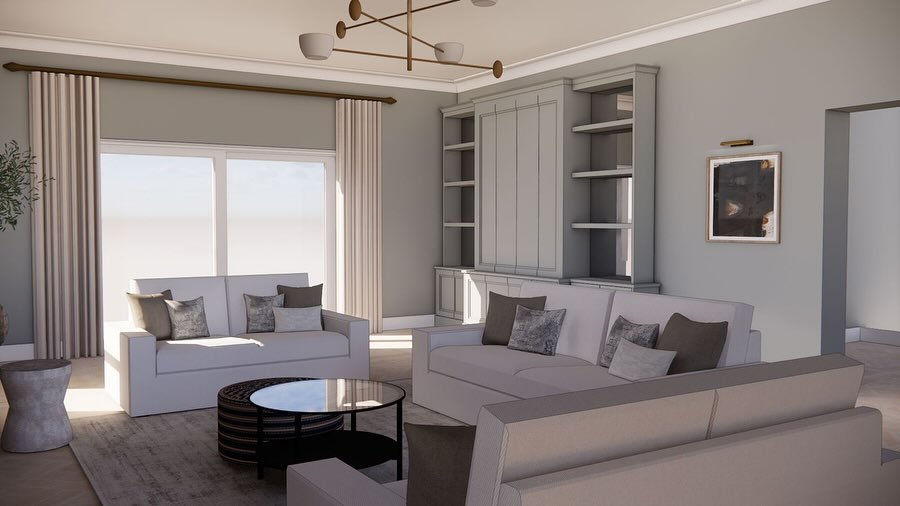 Contemporary Elegance in this Living Room Concept Design 💕 

First draft of this 3D Room Design to check scale &amp; proportion of the fitted and larger furniture items and decide where we will need lighting &amp; electrics locations so we can be ah