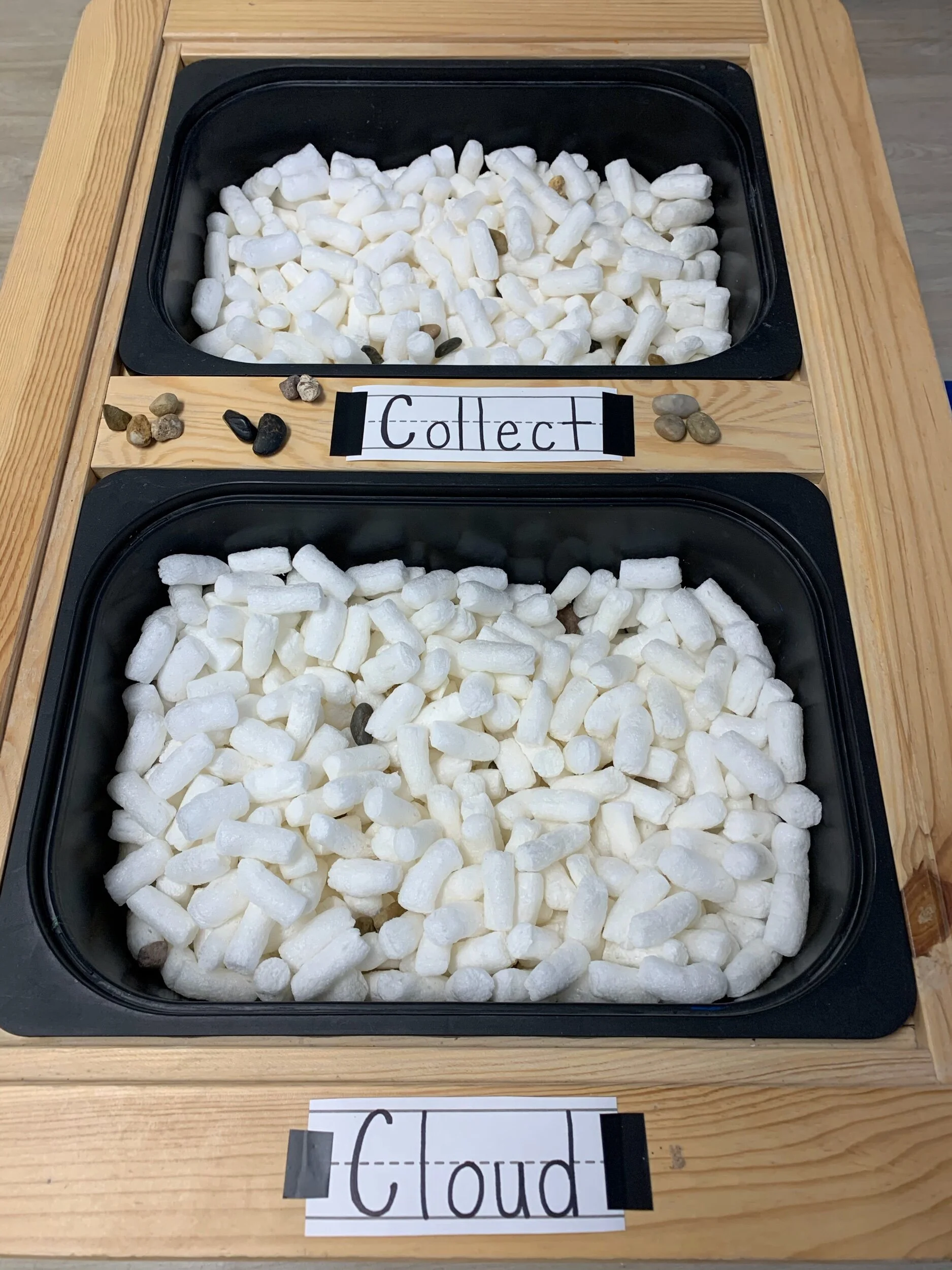 Preschool Sensory Bin Clouds and Rocks. Finding rocks, sorting and counting, pattern building and pattern extensions.