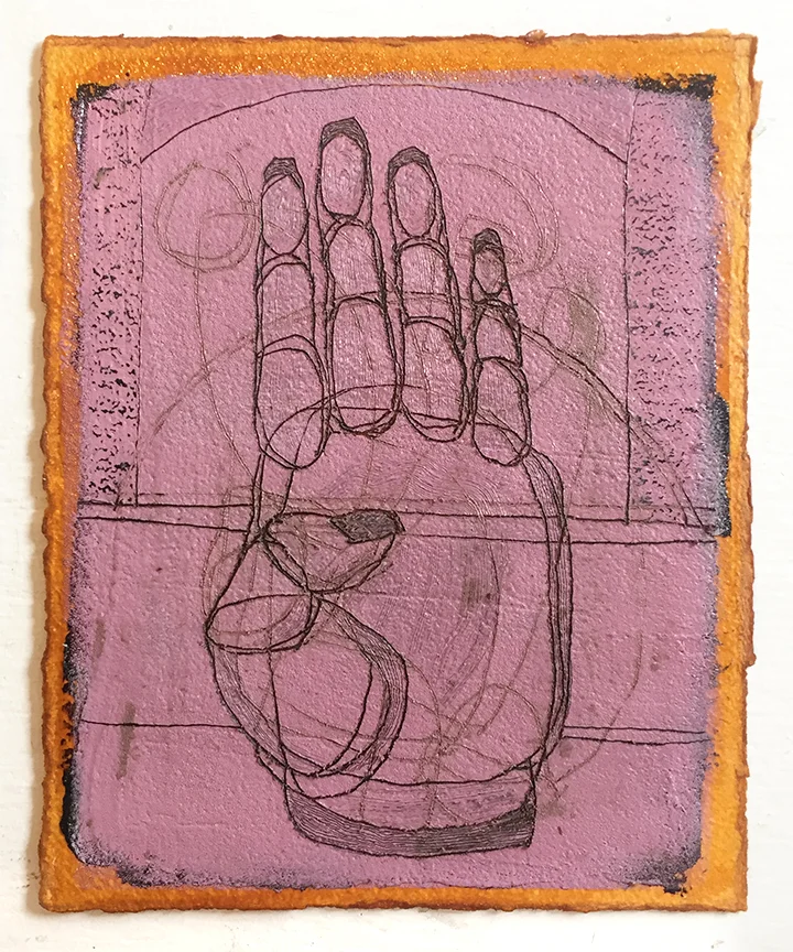My Right Hand , 8 x 10”, tar and oil on shellacked paper, 2018