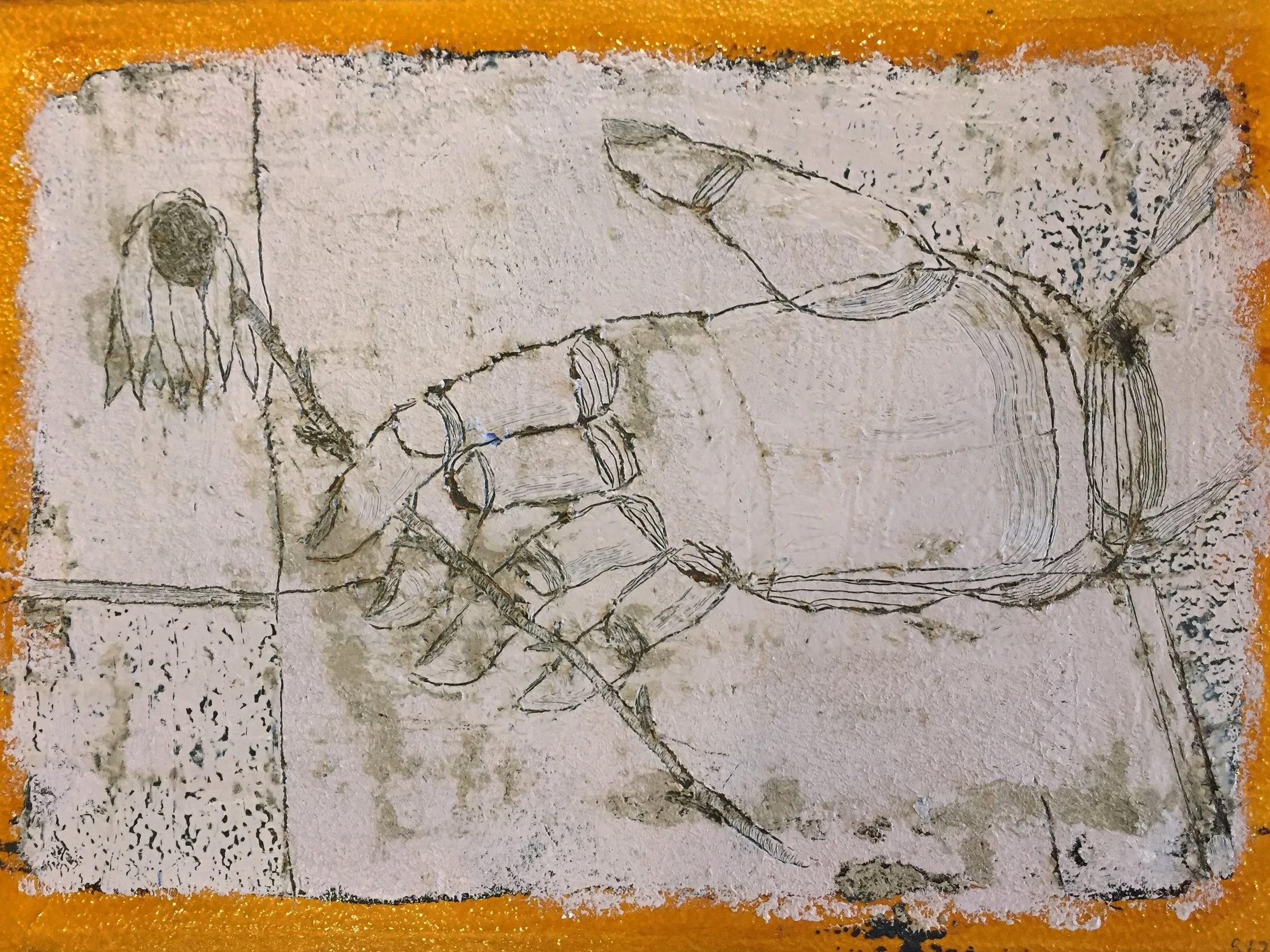 Dead Flower , 17 x 11”, tar and oil on shellacked paper, 2018