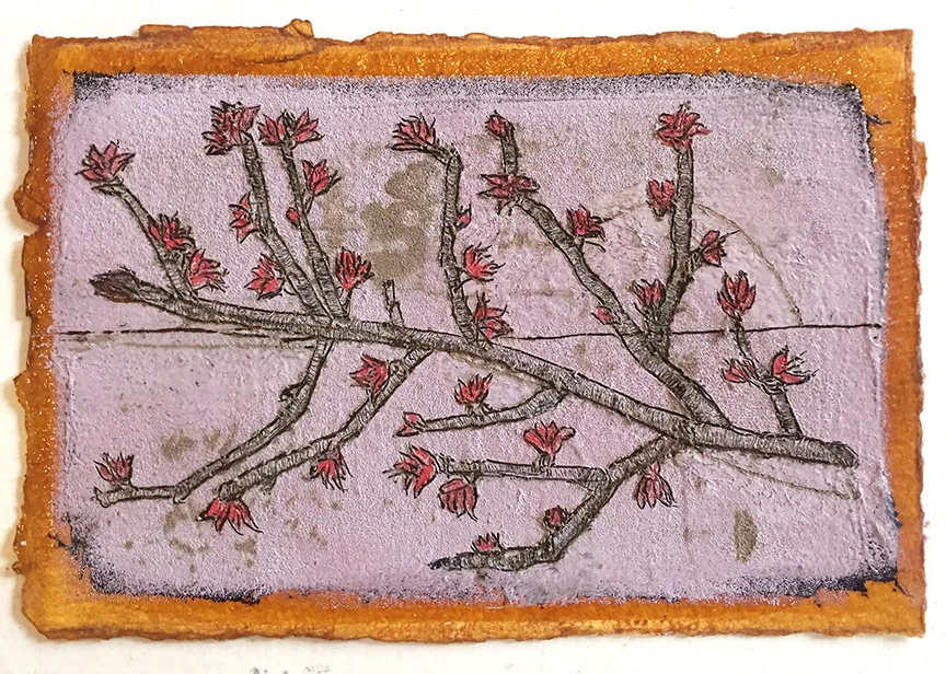 Twig , 8 x 5.5”, tar and oil on shellacked paper, 2018