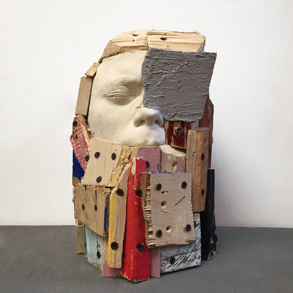 Moon Man , 12 x 8 x 8”, reclaimed wood, plaster, hardware, paint, 2015