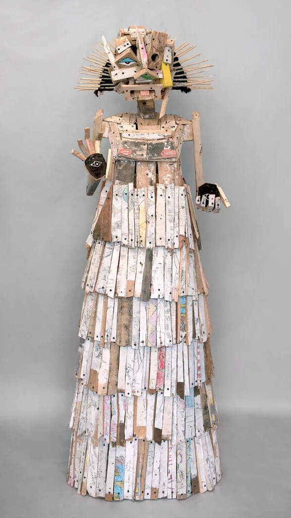   Your Protector , 80 x 24 x 24", reclaimed wood, hardware, yarn, pencil, paint, 2014 