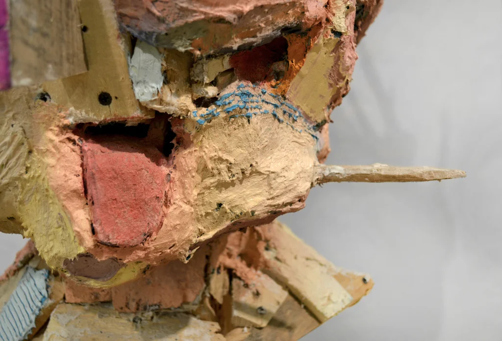 Bust of a Bust , 81 x 22 x 20", reclaimed wood, hardware, polymer gypsum, animal bones, pencil, acrylic, oil, 2013