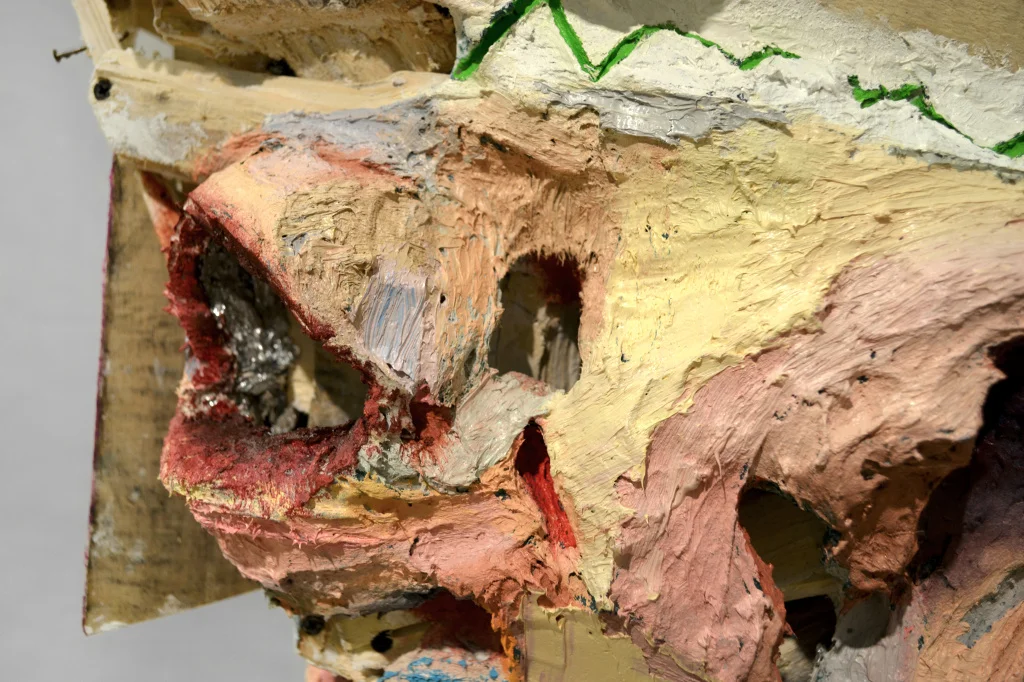 Bust of a Bust , 81 x 22 x 20", reclaimed wood, hardware, polymer gypsum, animal bones, pencil, acrylic, oil, 2013