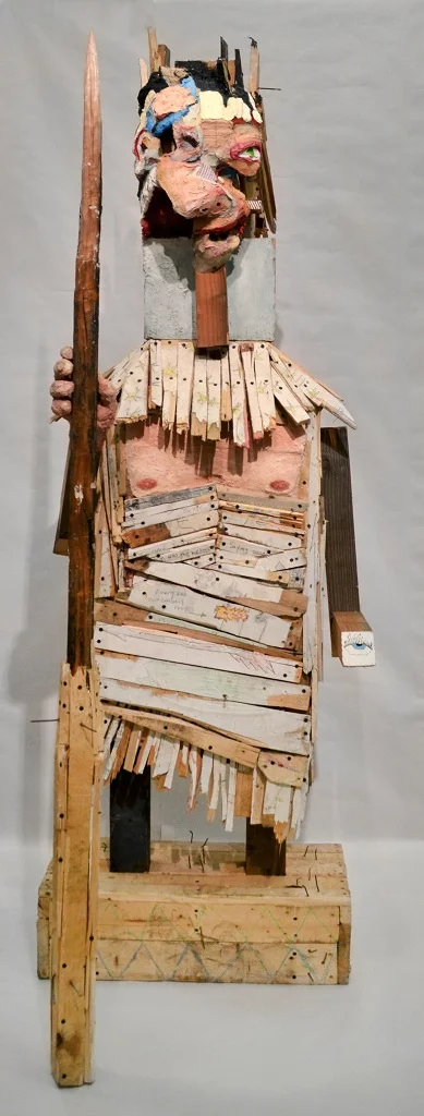 Hero , 86 x 32 x 37", reclaimed wood, hardware, polymer gypsum, animal bones, pencil, acrylic, oil, 2013