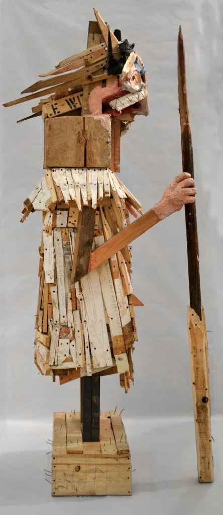 Hero , 86 x 32 x 37", reclaimed wood, hardware, polymer gypsum, animal bones, pencil, acrylic, oil, 2013